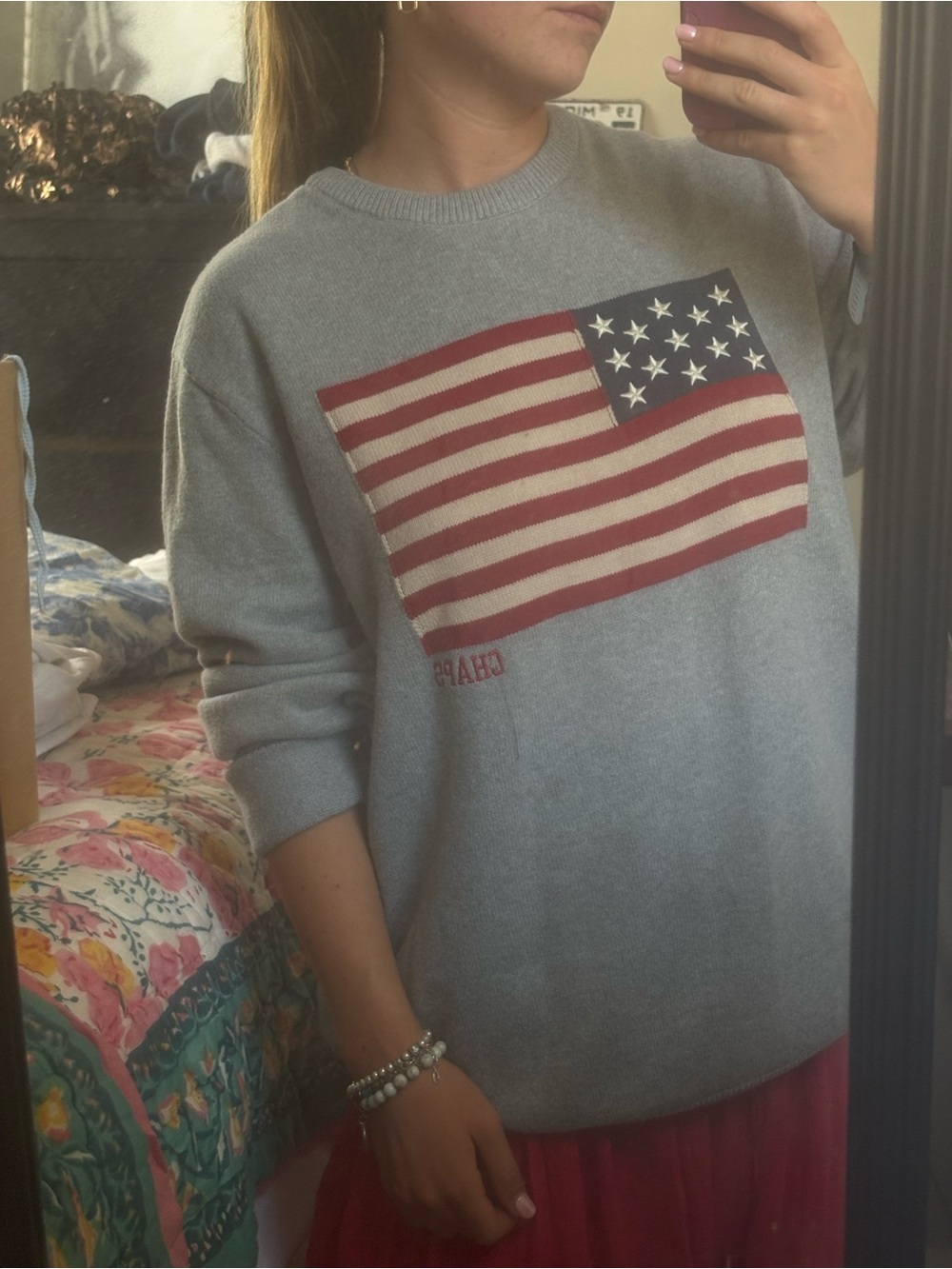 Chaps Light Gray Crewneck Sweater with American Flag